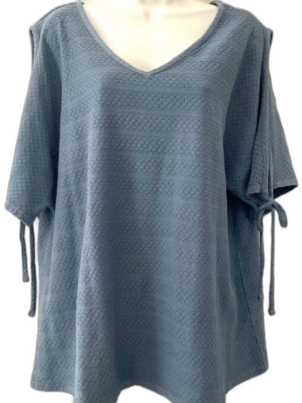 Cato Slate Blue Pointelle Knit Cold Shoulder V-Neck Top Tie-Sleeve XL